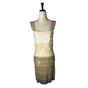 Ports 1961 Dress Women Medium Ivory Layered Metallic Sheath Designer Party